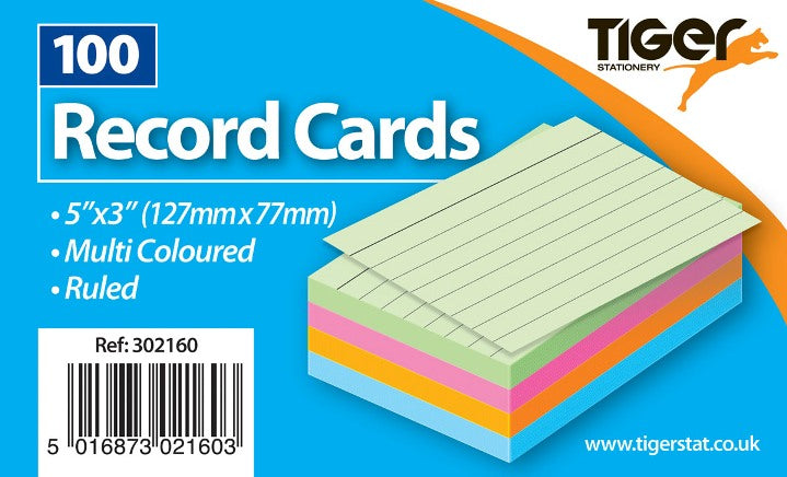 TIGER COLOUR RECORD CARDS 5 INCH X 3 INCH 100/SHEETS