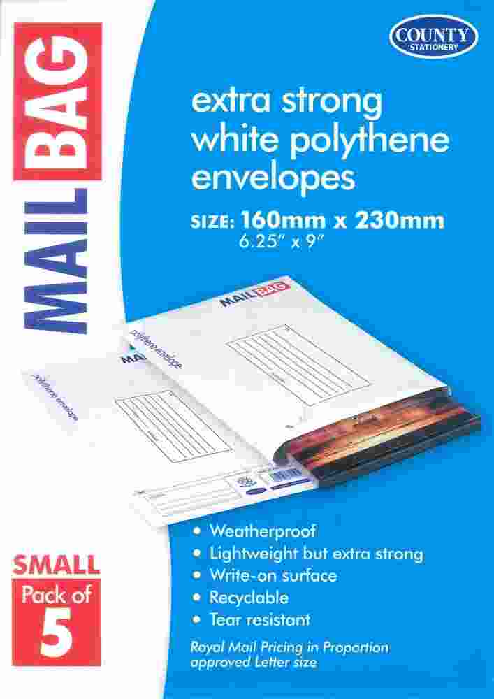 COUNTY SMALL POLYTHENE WHITE MAIL BAGS 160MMX 230MM 5/PK
