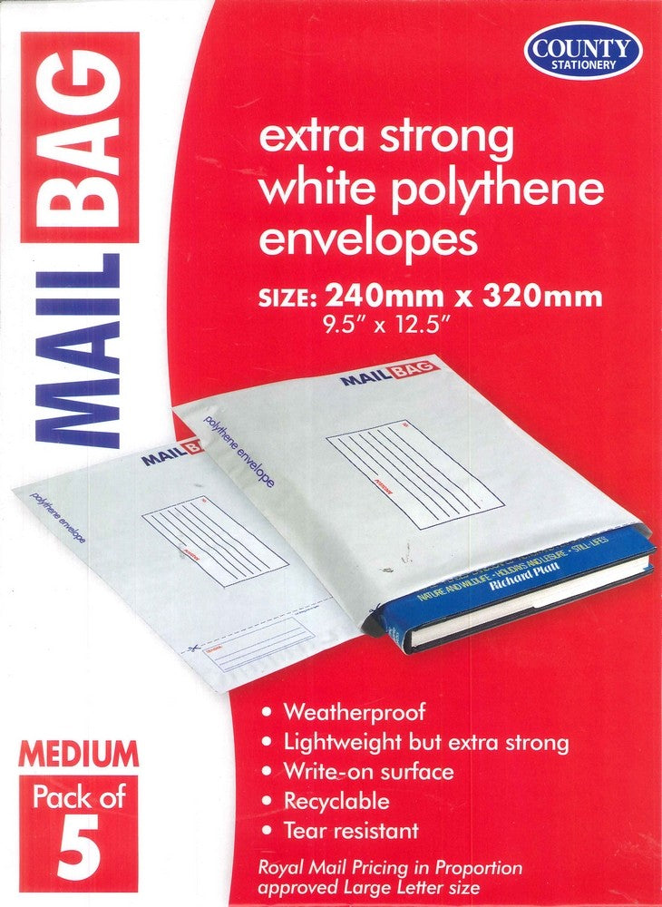 COUNTY MEDIUM WHITE POLYTHENE MAIL BAGS 240MM X 320MM 5/PK