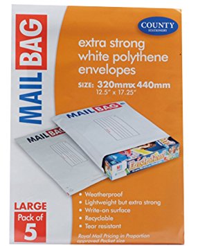 COUNTY LARGE WHITE POLYTHENE MAIL BAGS 320MM X 440MM 5/PK