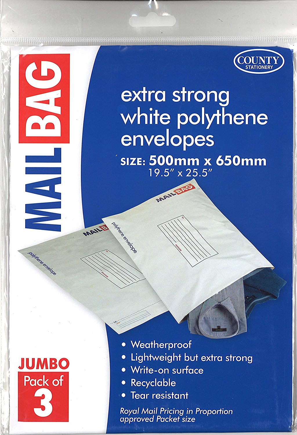 COUNTY JUMBO POLYTHENE WHITE MAIL BAGS 500MM X 650MM 3/PK