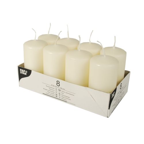 PACK OF 8 CREAM PILLAR CANDLES 50 X 100 MM