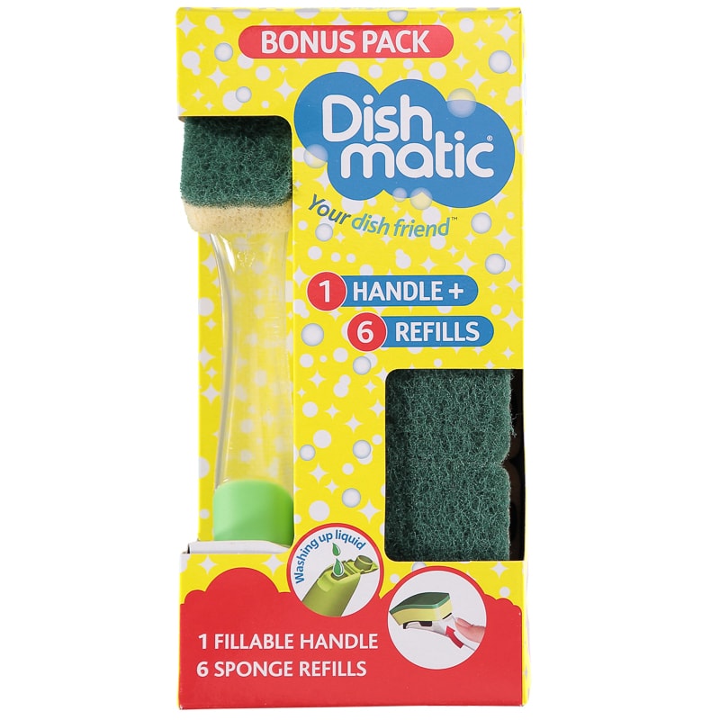 DISHMATIC WASHING UP SPONGE WITH LIQUID FILLABLE HANDLE + 6 REFILLS SPONGES BONUS PACK