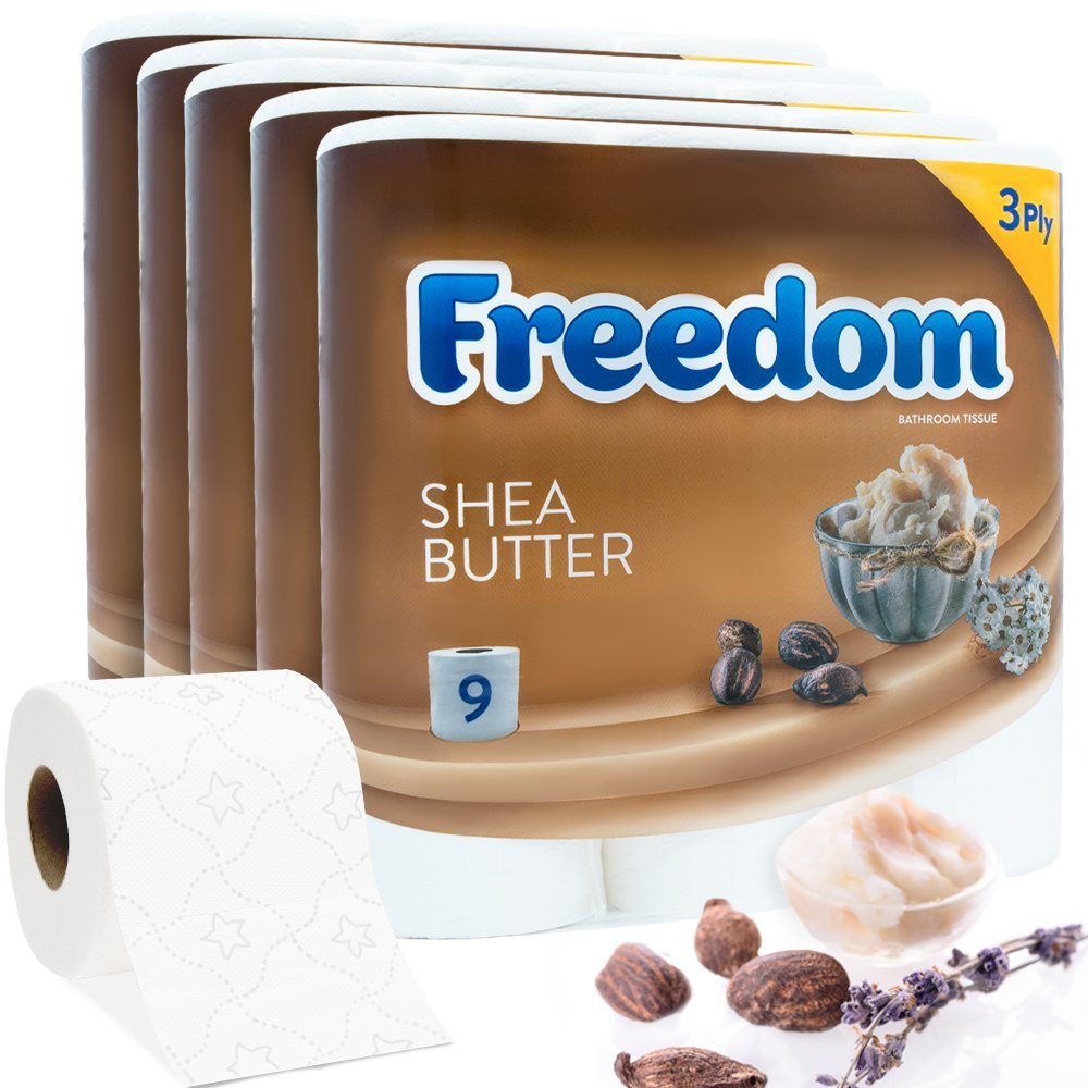 FREEDOM 3 PLY TOILET ROLLS SHEA BUTTER PACK OF 5 X 9 ROLLS