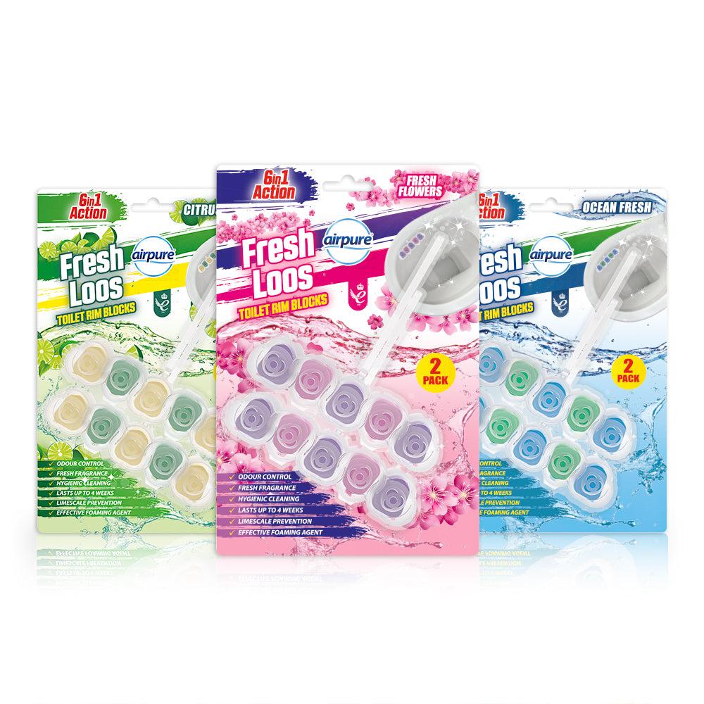 AIRPURE ASSORTED 6 IN 1 FRESH LOOS TOILET RIM BLOCKS 2/PK