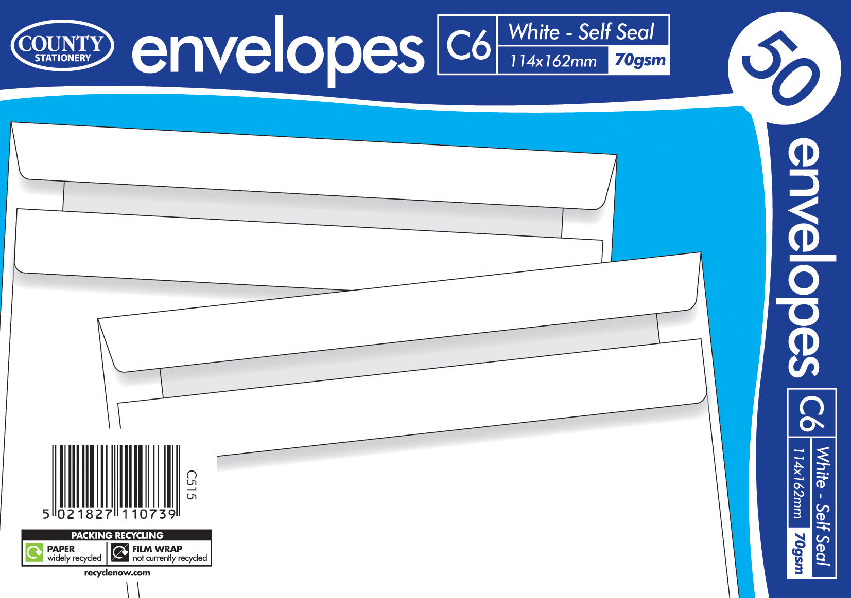 COUNTY C6 WHITE SELF SEAL ENVELOPES 50/PK