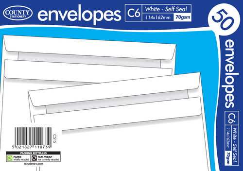 COUNTY C6 WHITE SELF SEAL ENVELOPES 50/PK