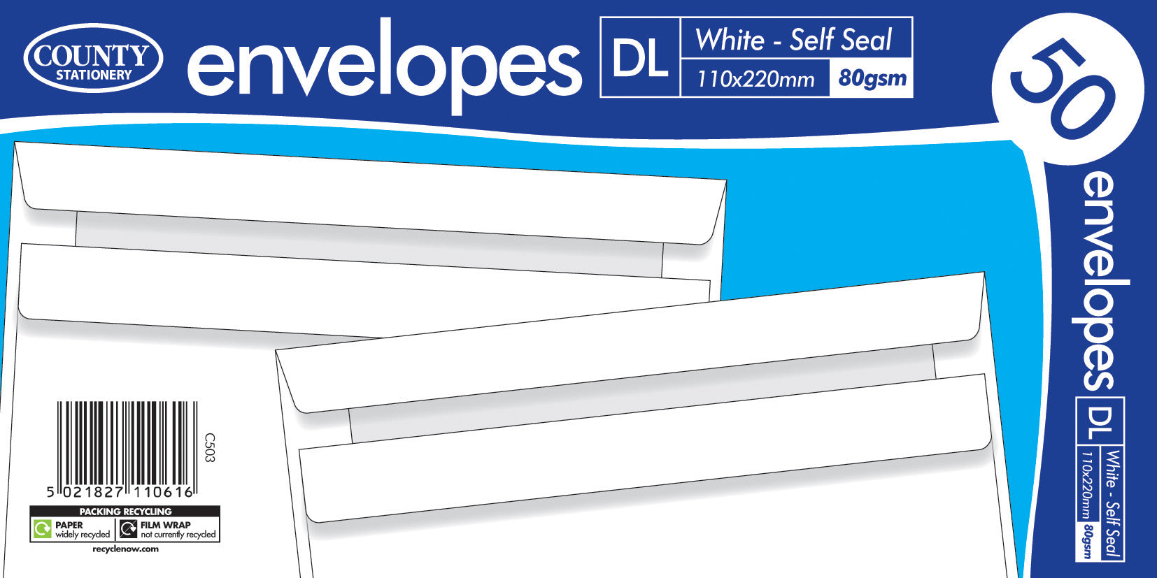 COUNTY DL WHITE SELF SEAL ENVELOPES 50/PK