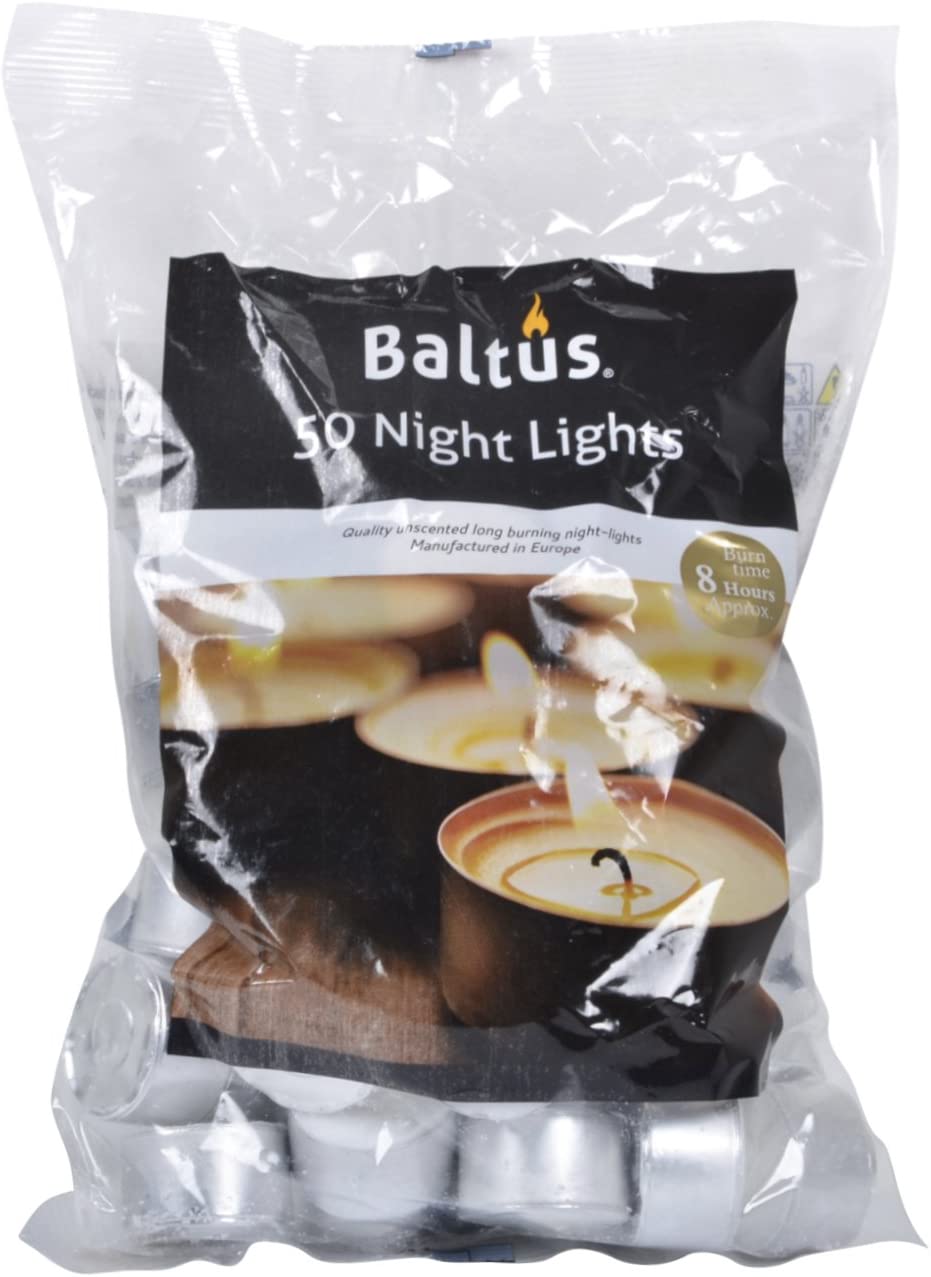 BALTUS PACK OF 50 UNSCENTED WAX TEALIGHTS CANDLES 8 HOUR BURN TIME
