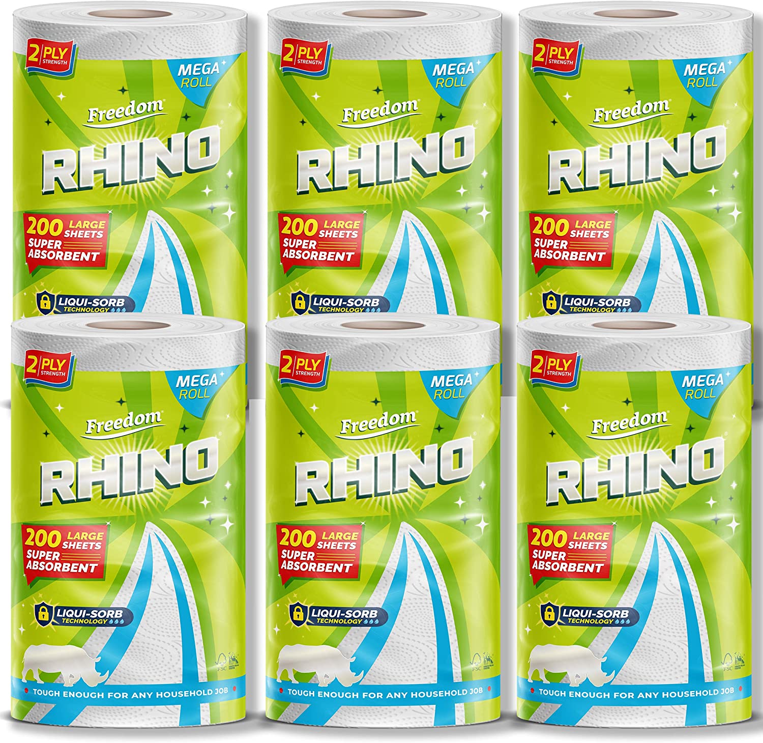FREEDOM RHINO MEGA 2 PLY KITCHEN TOWEL 200 SHEETS 6 ROLLS
