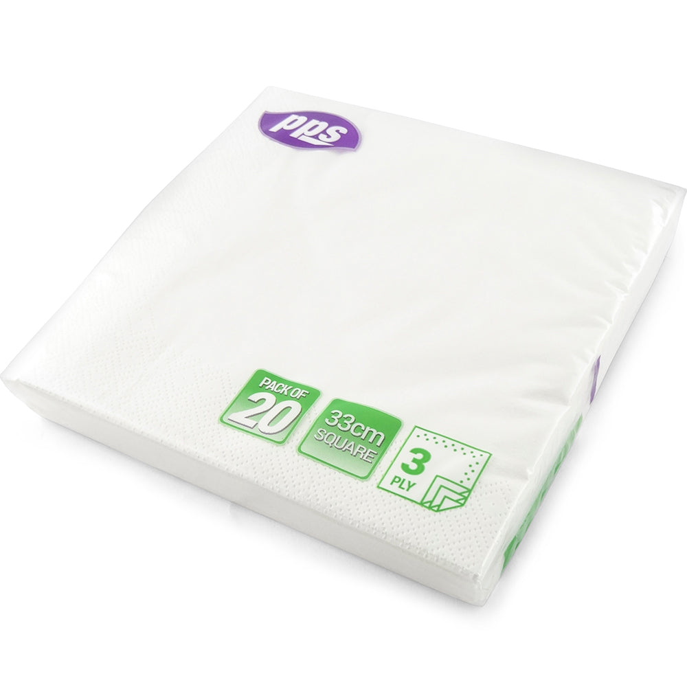 PPS 3 PLY PAPER NAPKIN 33CM X 33CM 20/PK - WHITE