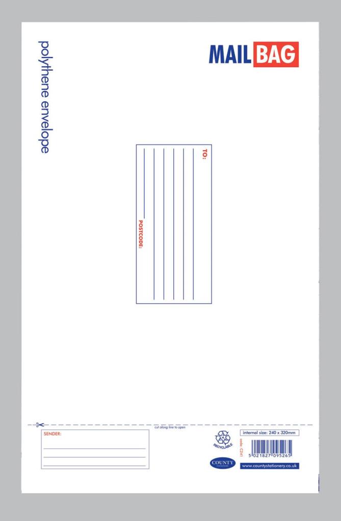 25/PK COUNTY MEDIUM POLYTHENE WHITE MAIL BAGS 240MM X 320MM