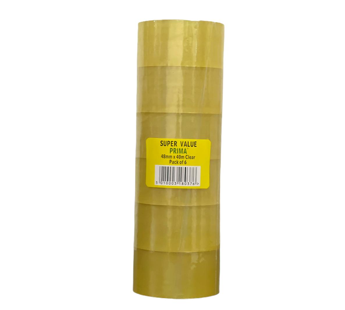 PRIMA 48MM X 40M ROLLS CLEAR PACKING TAPE 6/PK