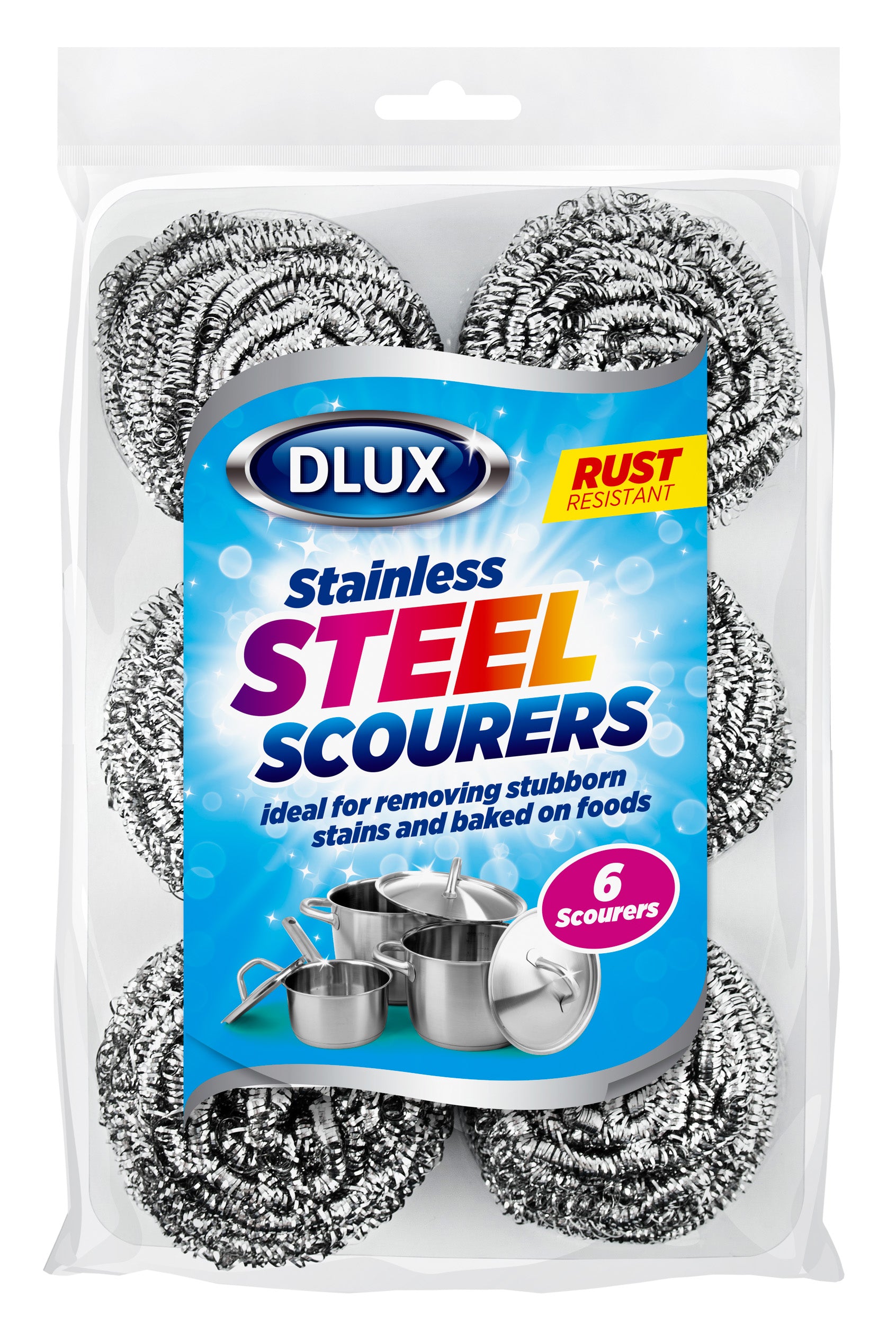 DELUX STAINLESS STEEL SCOURERS 6/PK