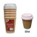 DISPOSABLE BROWN KRAFT RIPPLE WALL PAPER DRINK CUPS WITH LIDS 12OZ 5/PK