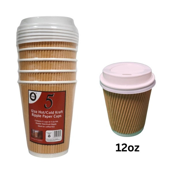 DISPOSABLE BROWN KRAFT RIPPLE WALL PAPER DRINK CUPS WITH LIDS 12OZ 5/PK