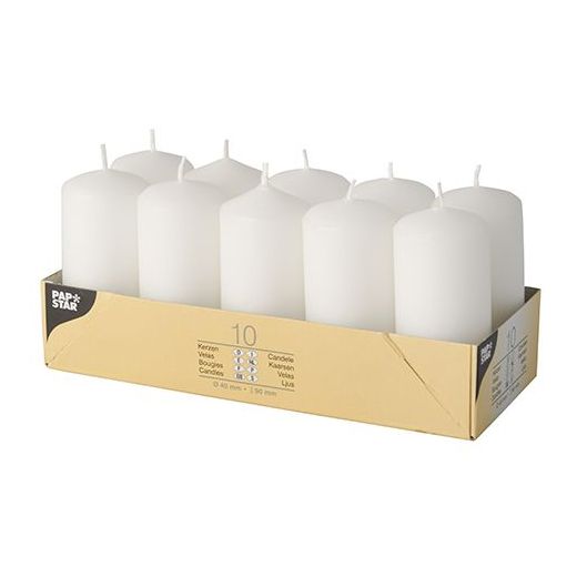PACK OF 10 WHITE PILLAR CANDLES 40 X 90 MM