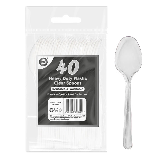DELUXE HEAVY DUTY REUSABLE PLASTIC CLEAR SPOONS 40/PK