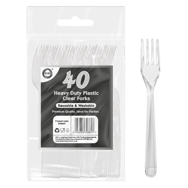 DELUXE HEAVY DUTY REUSABLE PLASTIC CLEAR FORKS 40/PK