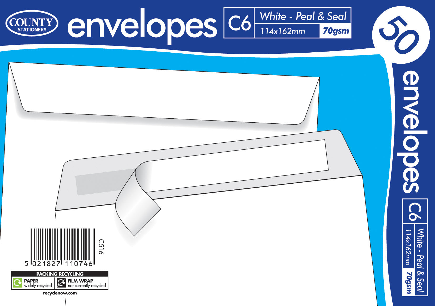 COUNTY C6 WHITE PEEL AND SEAL ENVELOPES 50/PK
