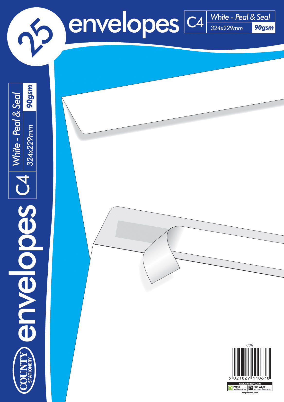COUNTY C4 WHITE PEEL AND SEAL ENVELOPES 25/PK