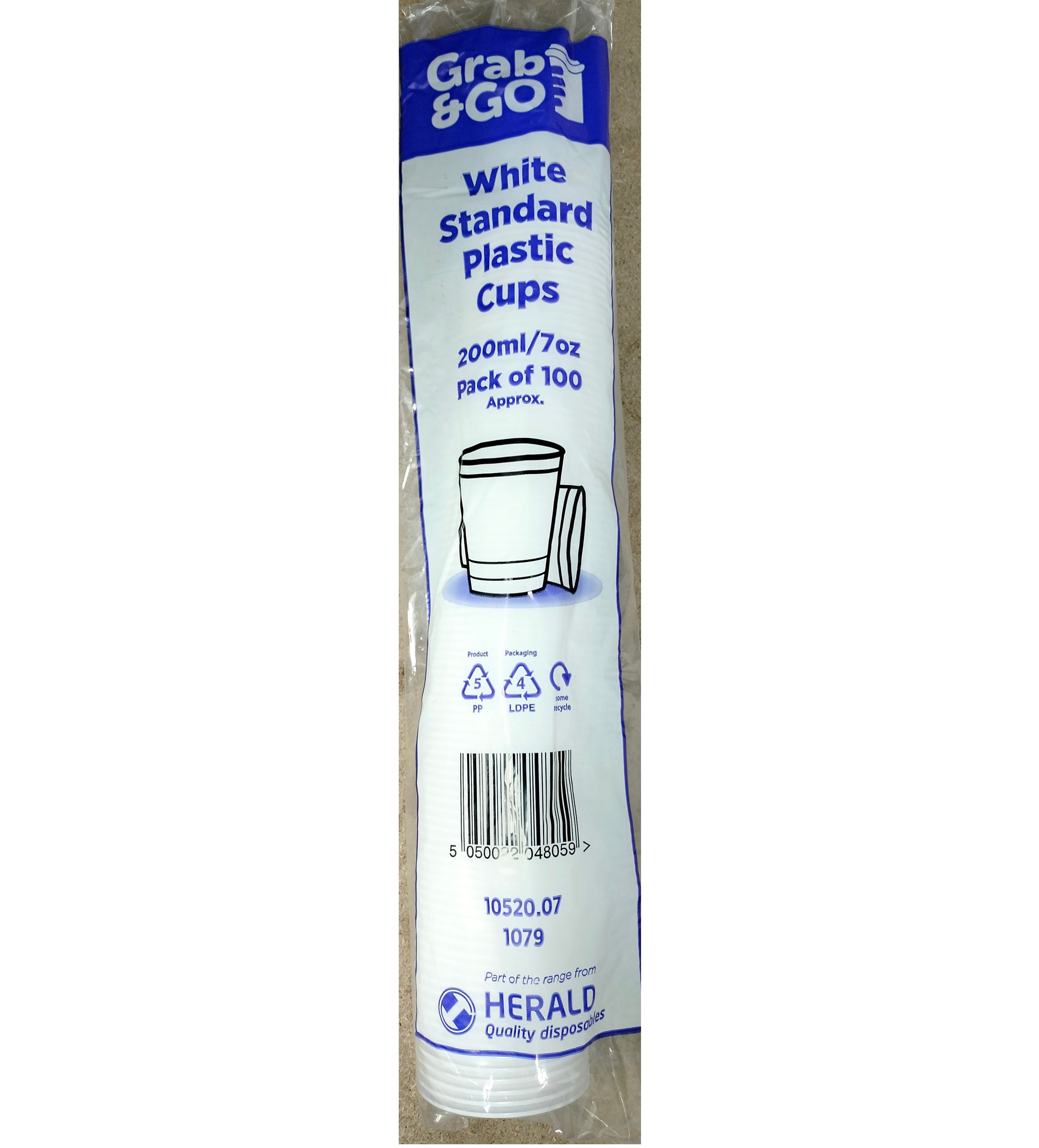 GRAB & GO WHITE PLASTIC DRINK CUP 100/PK (200ML / 7OZ)