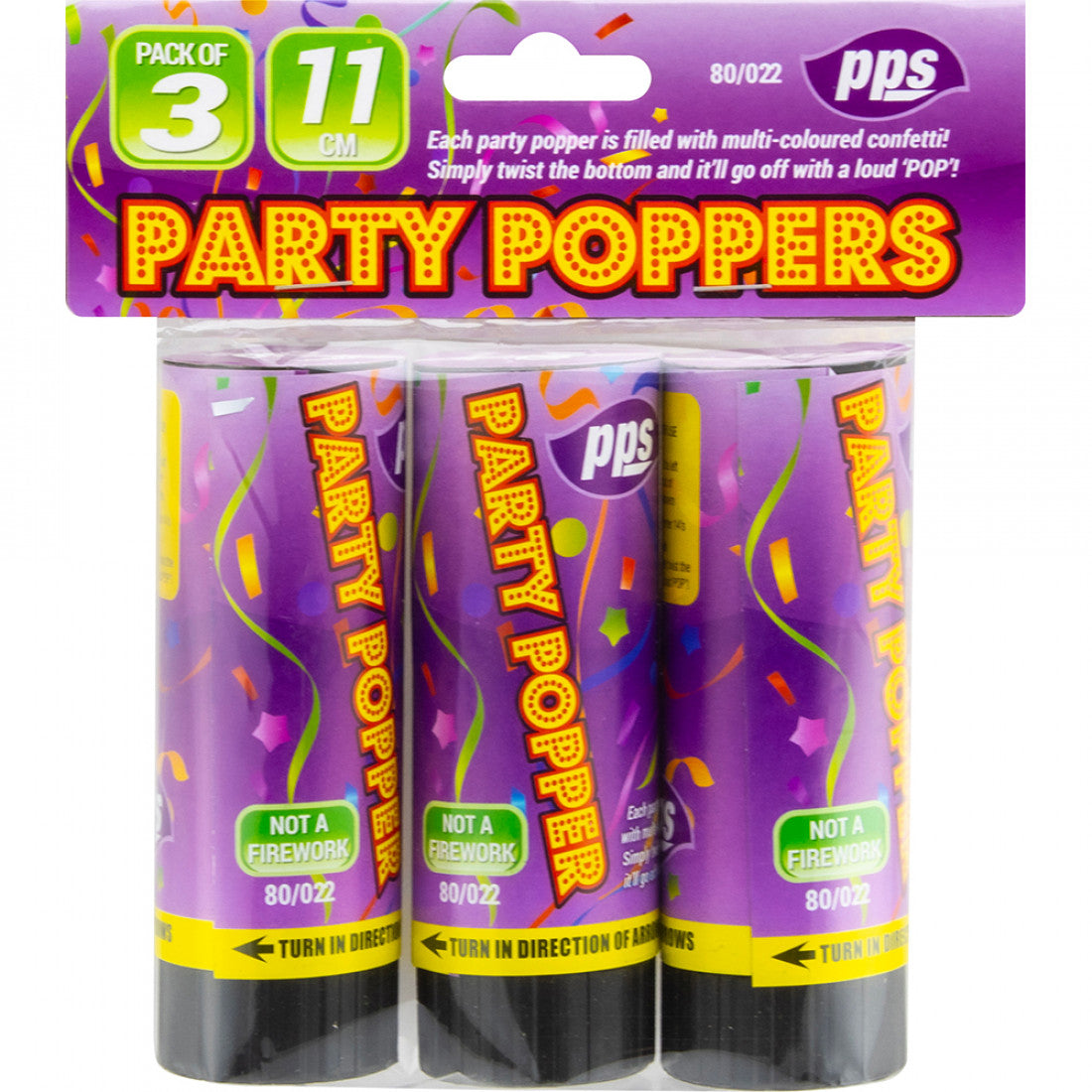 PPS COLOUR CONFETTI CANNON PARTY POPPERS 11CM 3/PK
