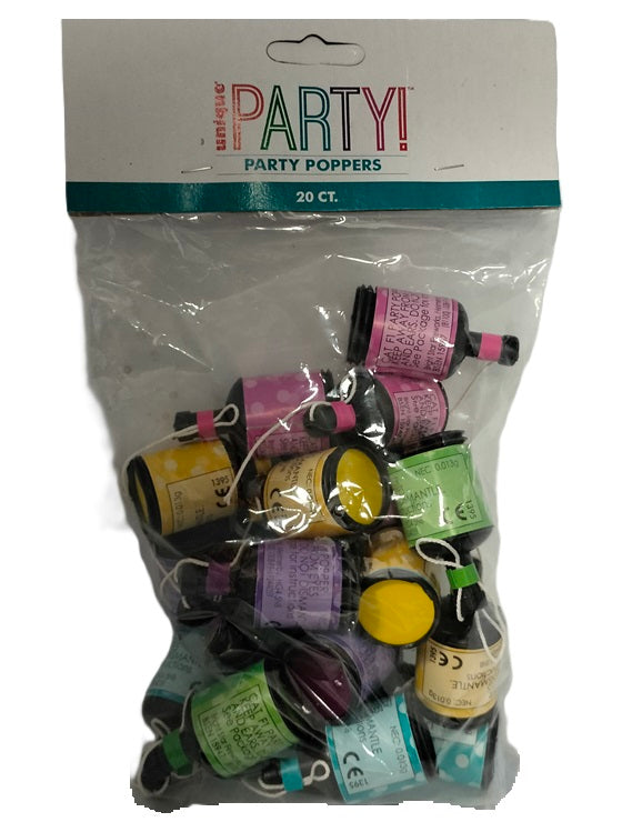 UNIQUE PARTY POPPERS 20/PK ASSORTED COLOUR