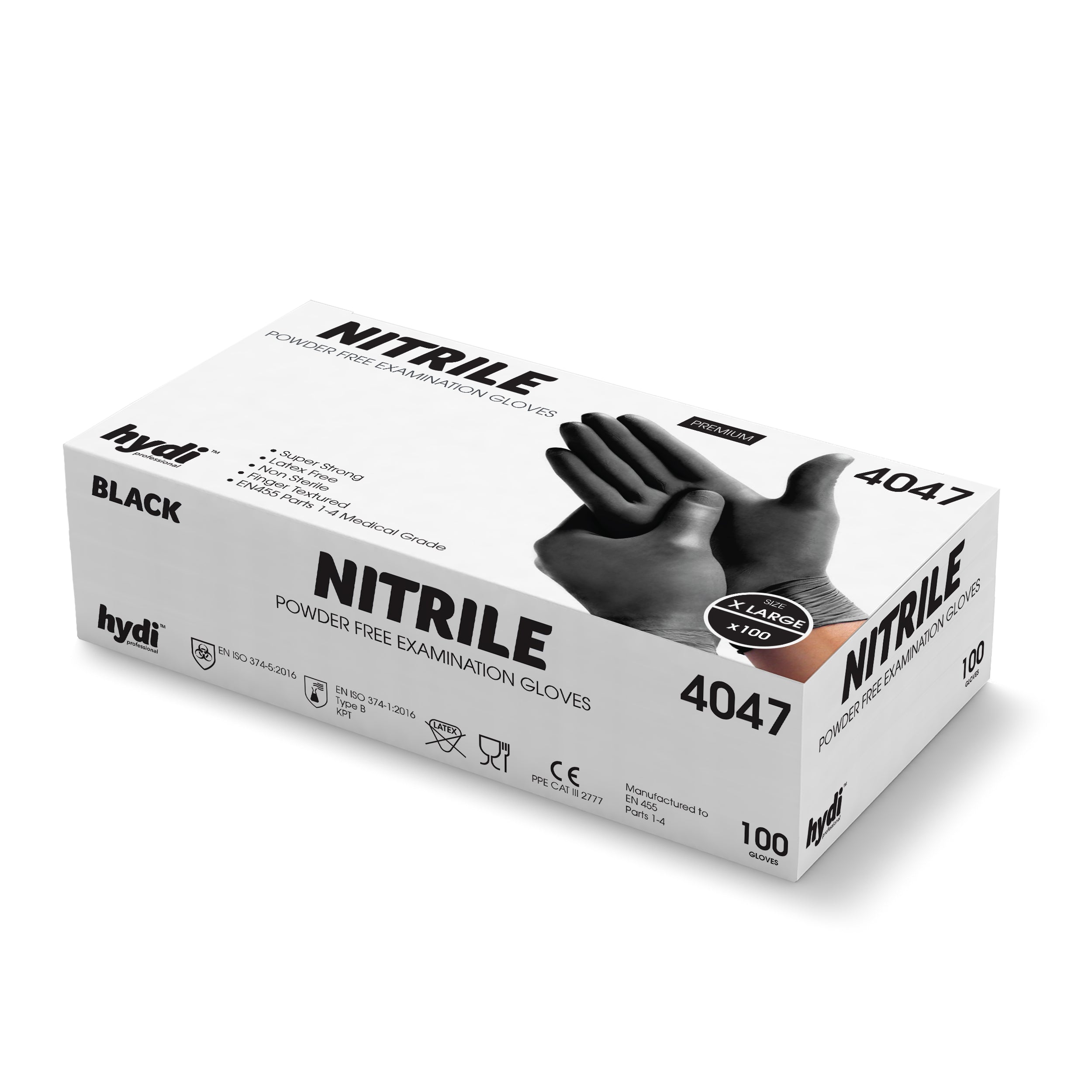 HYDI BLACK POWDER FREE NITRILE MEDICAL GLOVES 100/PK - X LARGE