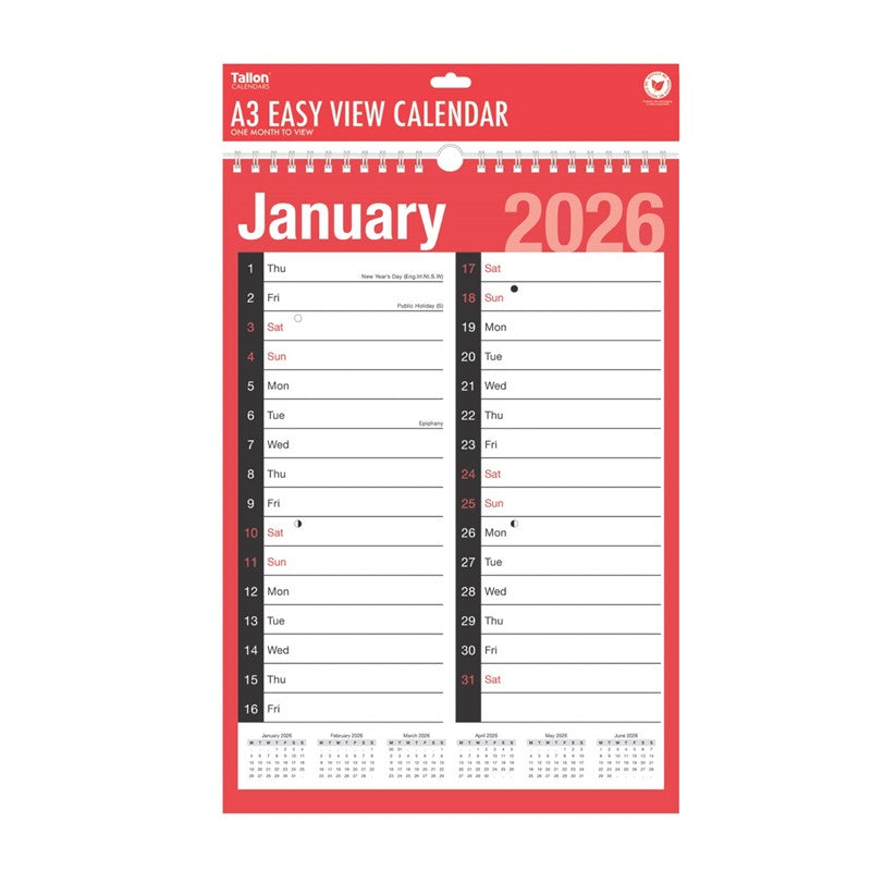 TALLON A3 2 COLUMN EASY VIEW MONTH TO VIEW CALENDAR 2027