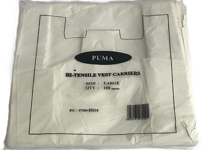 PUMA WHITE LARGE HI-TENSILE VEST CARRIER BAGS 28 X 43 X 53CM 100/PK