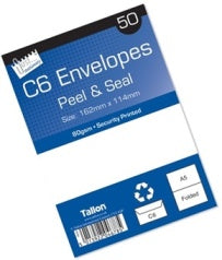 TALLON WHITE ENVELOPES - C6 - 50PK - PEAL SEAL